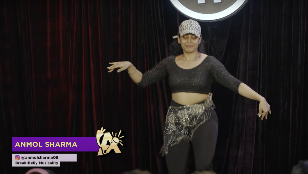 Anmol Sharma performing a mesmerizing blend of belly dancing and breakdance, captivating the audience during India’s Got Latent Episode 11.
